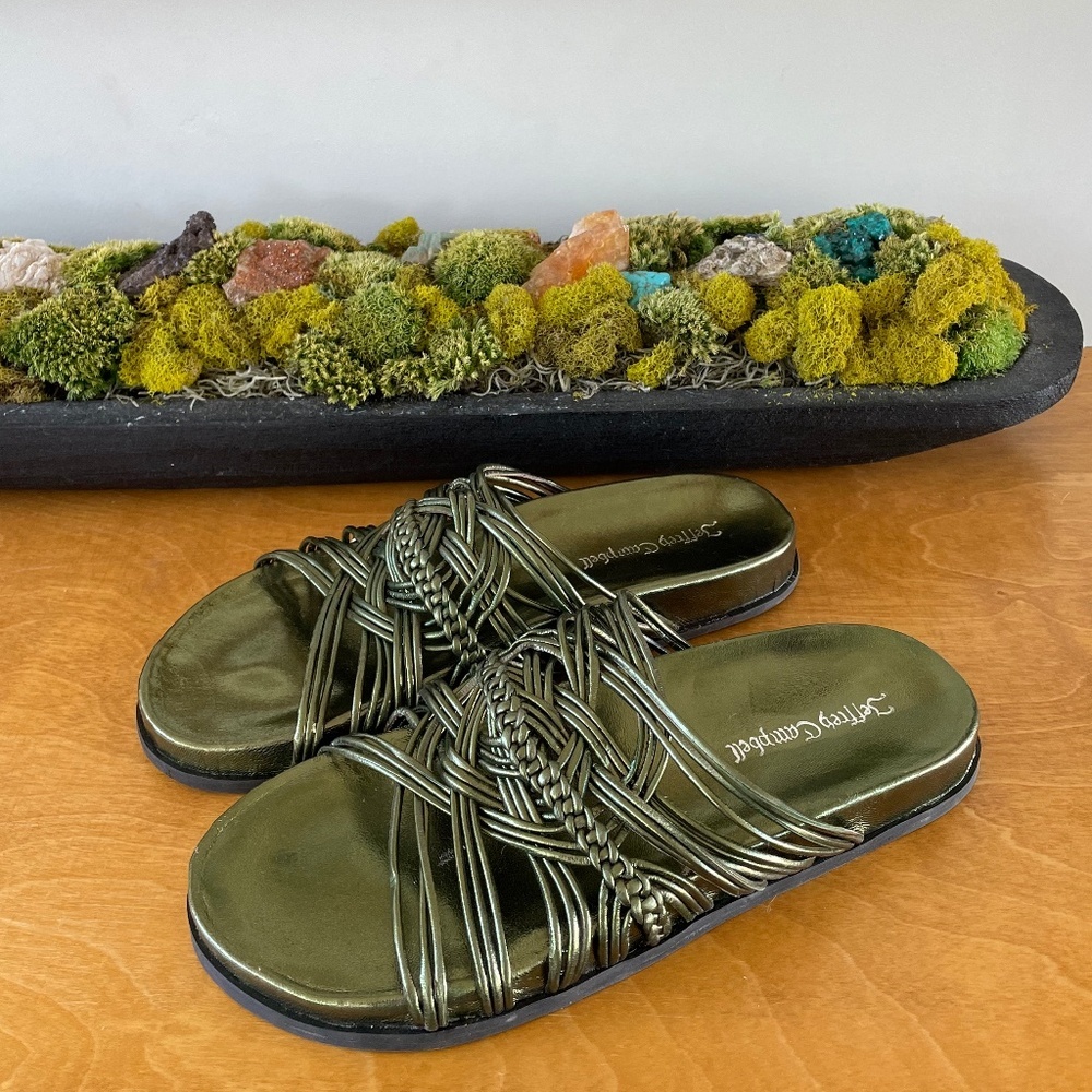 new Jeffrey Campbell Intwined Olive Green Metallic Woven Slide Sandals Size 8